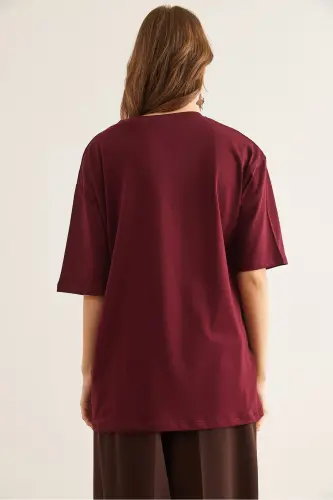 Women's Burgundy Trimmed T-Shirt TSH-19000768-Burgundy - 2