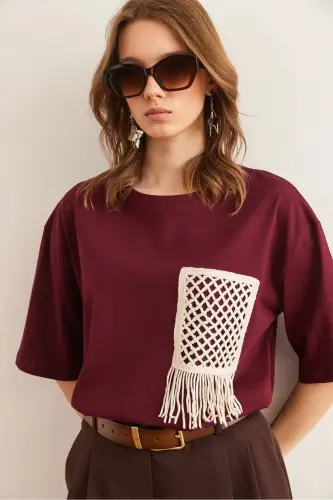 Women's Burgundy Trimmed T-Shirt TSH-19000768-Burgundy - 3