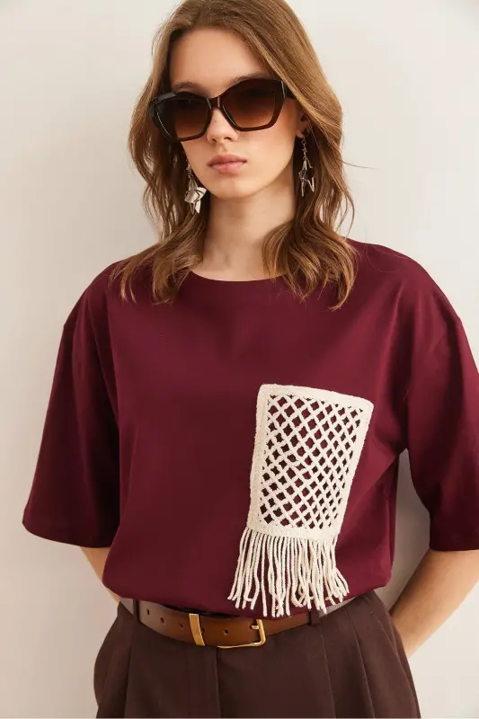 Women's Burgundy Trimmed T-Shirt TSH-19000768-Burgundy - 3