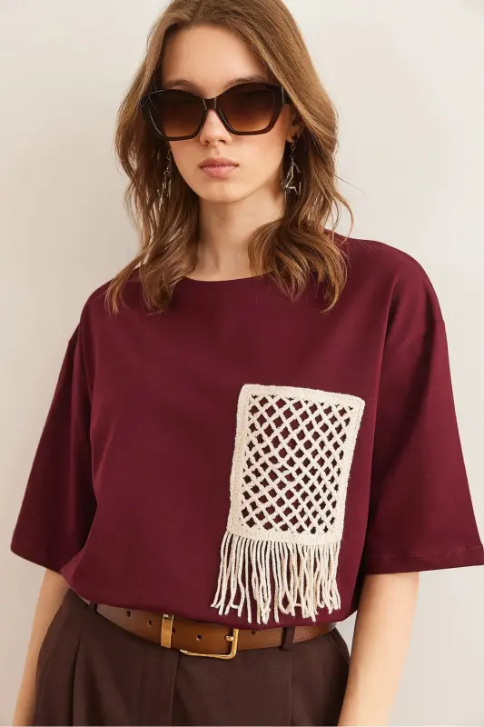 Women's Burgundy Trimmed T-Shirt TSH-19000768-Burgundy - 4