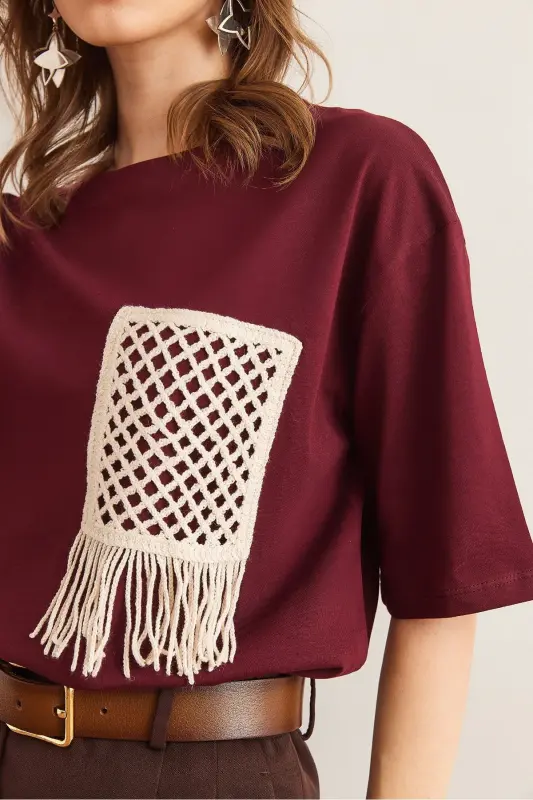 Women's Burgundy Trimmed T-Shirt TSH-19000768-Burgundy - 6