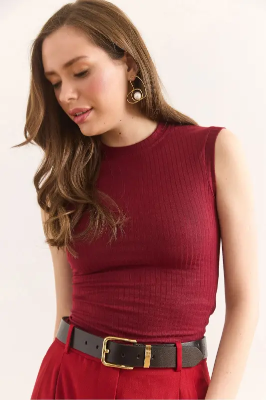 Women's Burgundy Turtleneck Sleeveless Lycra Blouse BLZ-19002 - 5