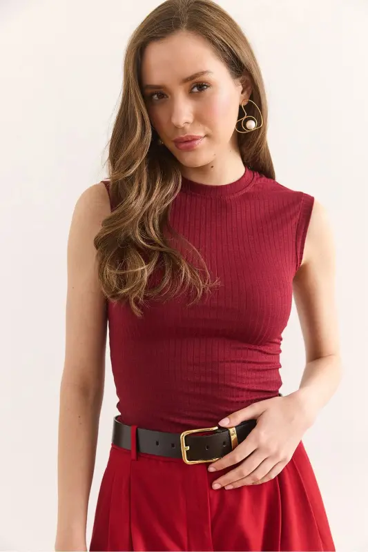 Women's Burgundy Turtleneck Sleeveless Lycra Blouse BLZ-19002 - 6