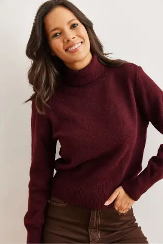 Women's Burgundy Turtleneck Soft Touch Knit Sweater KZK-19000897-Burgundy 
