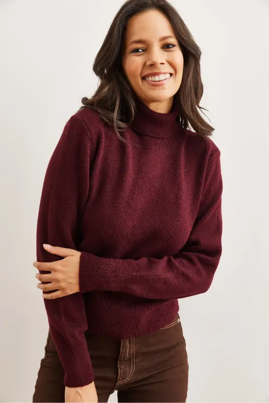 Women's Burgundy Turtleneck Soft Touch Knit Sweater KZK-19000897-Burgundy - 3