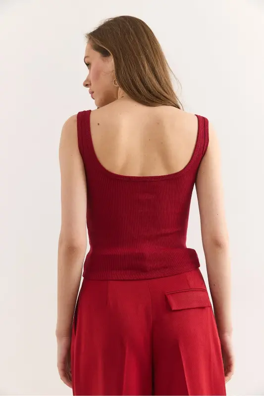 Women's Burgundy U-Neck Hooked Flexible Cotton Crop Blouse B - 2