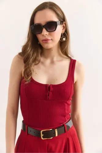 Women's Burgundy U-Neck Hooked Flexible Cotton Crop Blouse B - 4