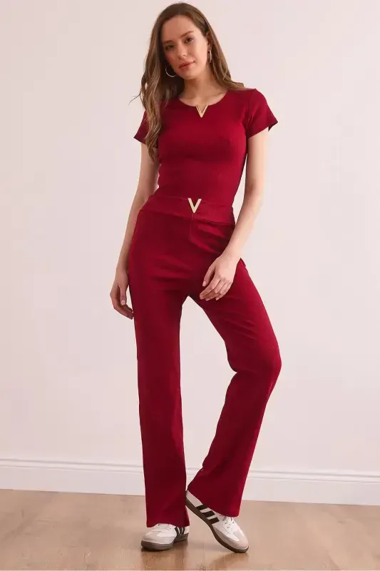 Women's Burgundy V-Detailed Top and Bottom Cotton Ribbed Set - OLALOOK