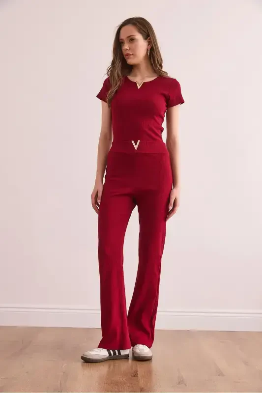 Women's Burgundy V-Detailed Top and Bottom Cotton Ribbed Set - 3
