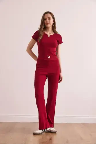 Women's Burgundy V-Detailed Top and Bottom Cotton Ribbed Set - 4