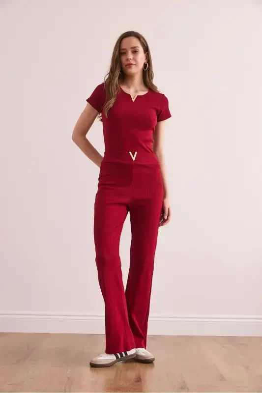 Women's Burgundy V-Detailed Top and Bottom Cotton Ribbed Set - 4