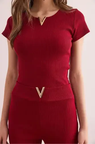 Women's Burgundy V-Detailed Top and Bottom Cotton Ribbed Set - 5