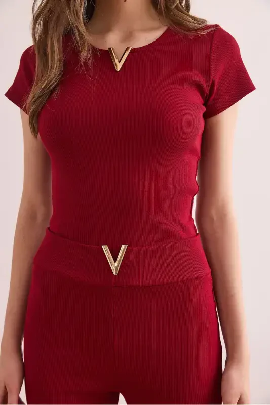 Women's Burgundy V-Detailed Top and Bottom Cotton Ribbed Set - 5