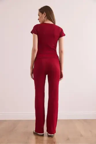 Women's Burgundy V-Detailed Top and Bottom Cotton Ribbed Set - 6