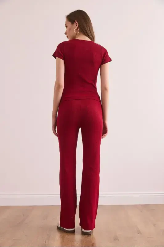 Women's Burgundy V-Detailed Top and Bottom Cotton Ribbed Set - 6