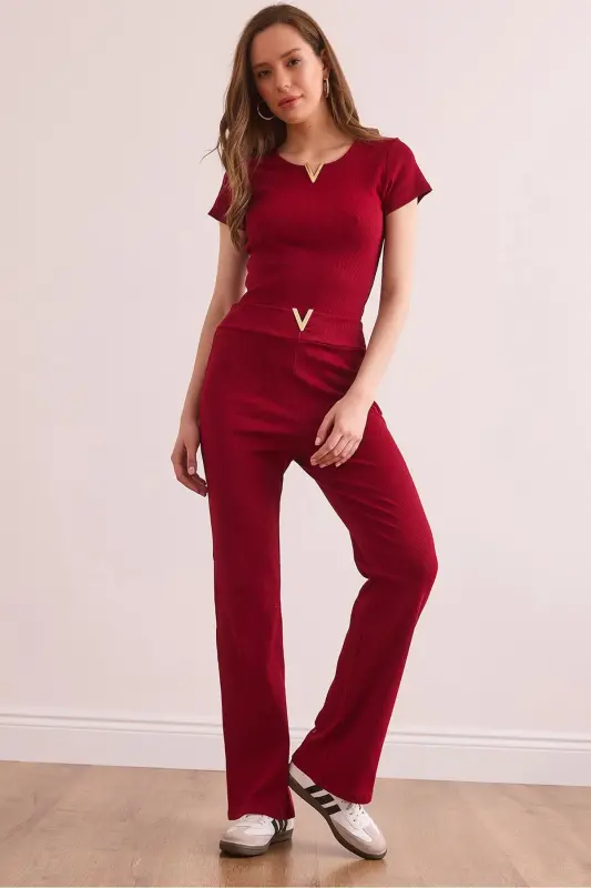 Women's Burgundy V-Detailed Top and Bottom Cotton Ribbed Set - 1