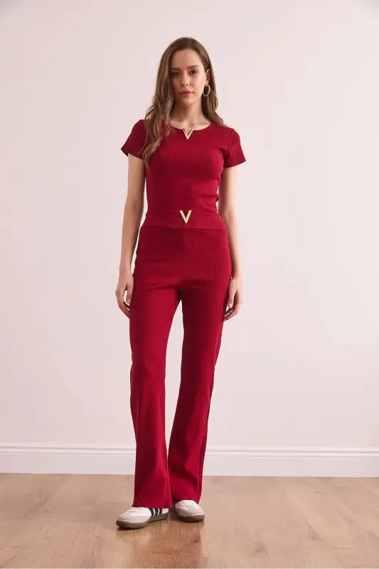 Women's Burgundy V-Detailed Top and Bottom Cotton Ribbed Set - 2