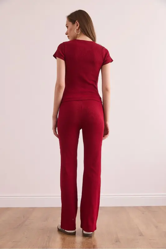 Women's Burgundy V-Detailed Top and Bottom Cotton Ribbed Set - 6