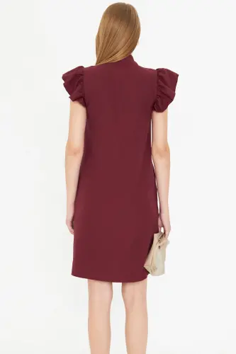 Women's Burgundy V-Neck Ruffle Sleeve Tie Detail Dress ARM-25Y001022-Burgundy - 9