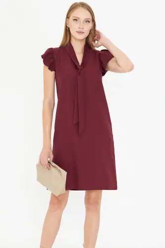 Women's Burgundy V-Neck Ruffle Sleeve Tie Detail Dress ARM-25Y001022-Burgundy - 2