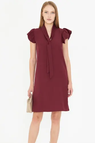 Women's Burgundy V-Neck Ruffle Sleeve Tie Detail Dress ARM-25Y001022-Burgundy - 3