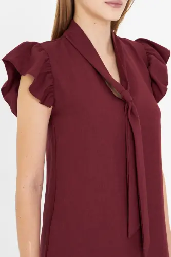 Women's Burgundy V-Neck Ruffle Sleeve Tie Detail Dress ARM-25Y001022-Burgundy - 4