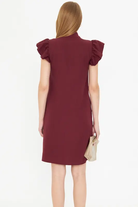 Women's Burgundy V-Neck Ruffle Sleeve Tie Detail Dress ARM-25Y001022-Burgundy - 5