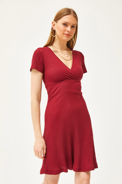 Women's Burgundy V-Neck Short Sleeve Mini A-Line Dress ELB-19002059 - 2