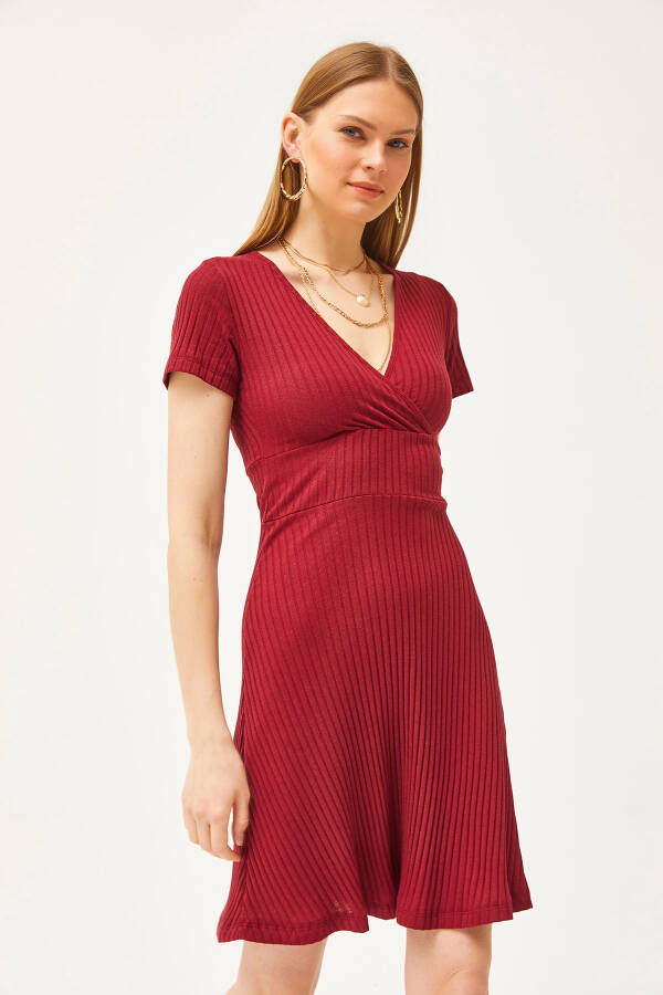 Women's Burgundy V-Neck Short Sleeve Mini A-Line Dress ELB-19002059 - 2