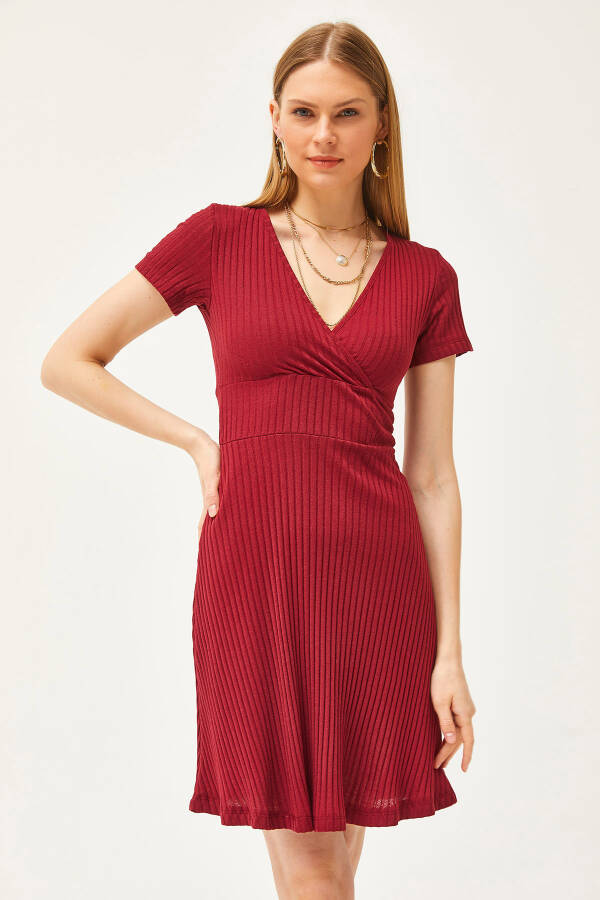 Women's Burgundy V-Neck Short Sleeve Mini A-Line Dress ELB-19002059 - 3