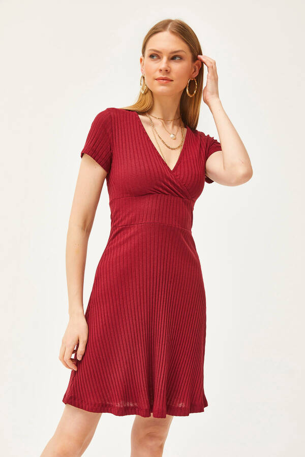 Women's Burgundy V-Neck Short Sleeve Mini A-Line Dress ELB-19002059 - 5