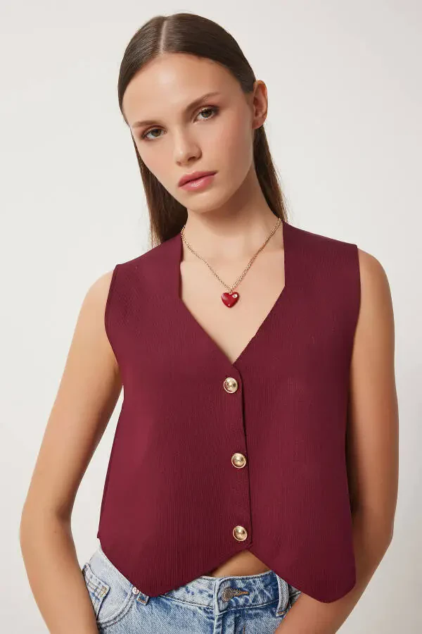 Women's Burgundy V-Neck Stylish Buttoned Knit Cardigan PF00100 - 1