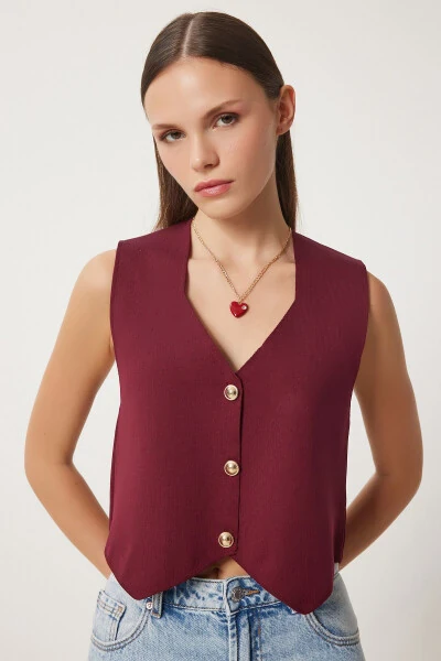Women's Burgundy V-Neck Stylish Buttoned Knit Cardigan PF00100 - HAPPINESS İSTANBUL (1)