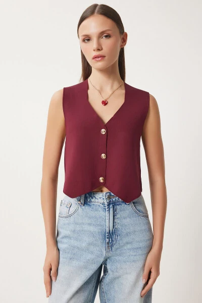 Women's Burgundy V-Neck Stylish Buttoned Knit Cardigan PF00100 - 3
