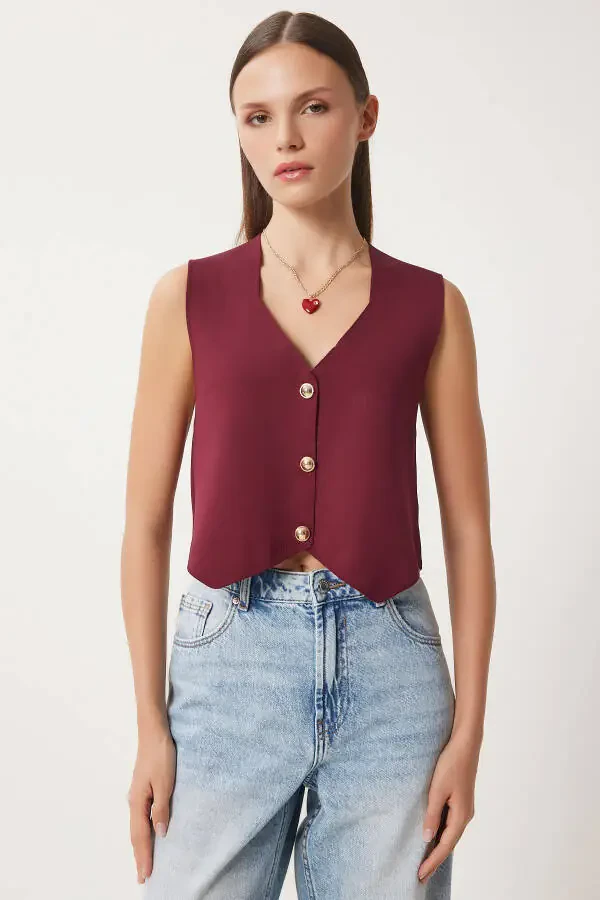 Women's Burgundy V-Neck Stylish Buttoned Knit Cardigan PF00100 - 3