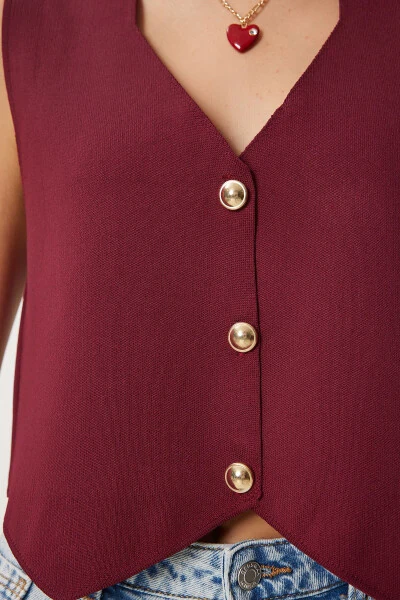 Women's Burgundy V-Neck Stylish Buttoned Knit Cardigan PF00100 - 4