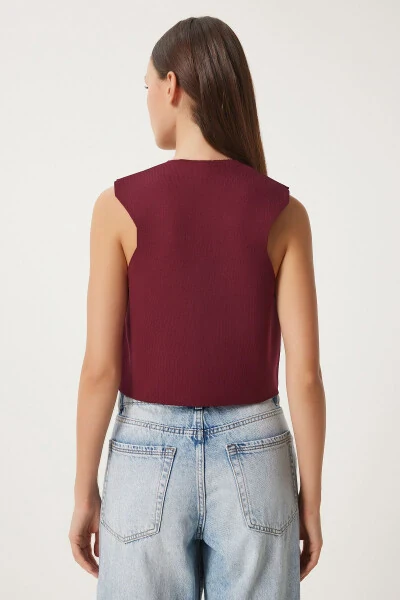 Women's Burgundy V-Neck Stylish Buttoned Knit Cardigan PF00100 - 5