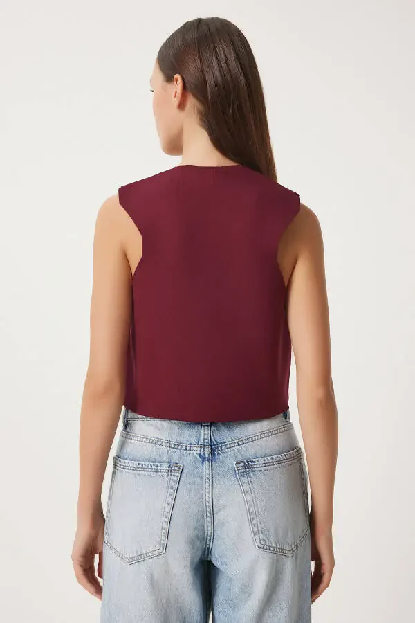 Women's Burgundy V-Neck Stylish Buttoned Knit Cardigan PF00100 - 5