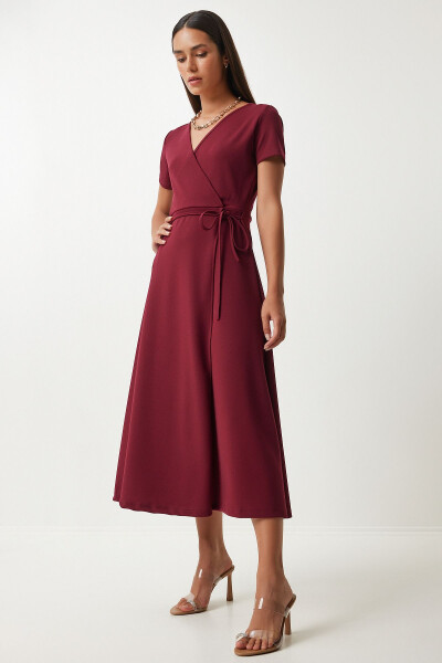Women's Burgundy V-Neck Wrap Midi Knitted Dress TO0013 