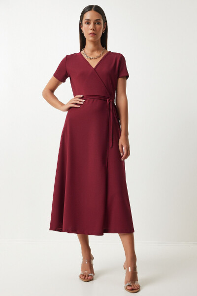 Women's Burgundy V-Neck Wrap Midi Knitted Dress TO0013 - HAPPINESS İSTANBUL (1)