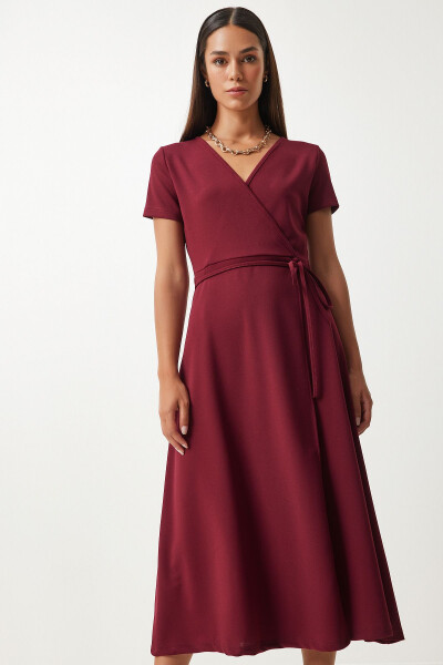Women's Burgundy V-Neck Wrap Midi Knitted Dress TO0013 - 3