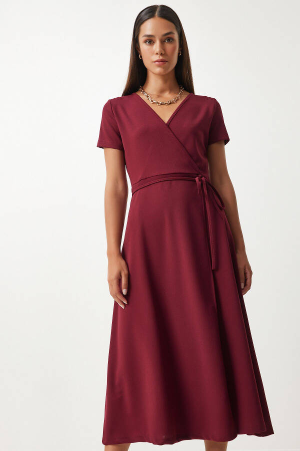 Women's Burgundy V-Neck Wrap Midi Knitted Dress TO0013 - 3