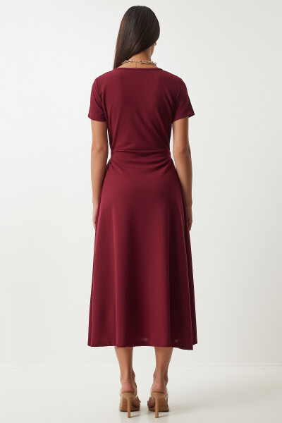 Women's Burgundy V-Neck Wrap Midi Knitted Dress TO0013 - 5