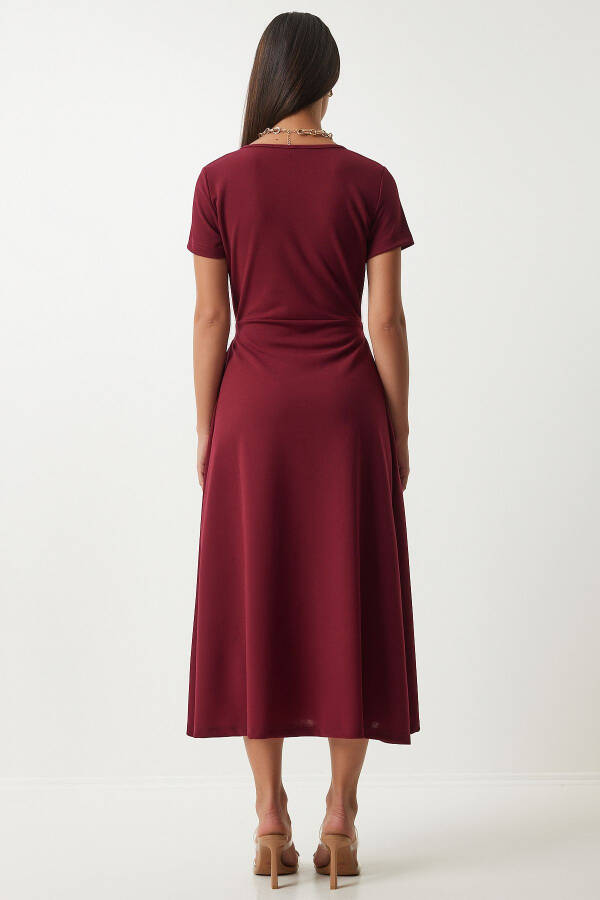 Women's Burgundy V-Neck Wrap Midi Knitted Dress TO0013 - 5