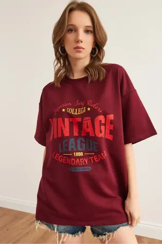 Women's Burgundy Vintage Printed 2 Rope Comfort Fit T-shirt - 1