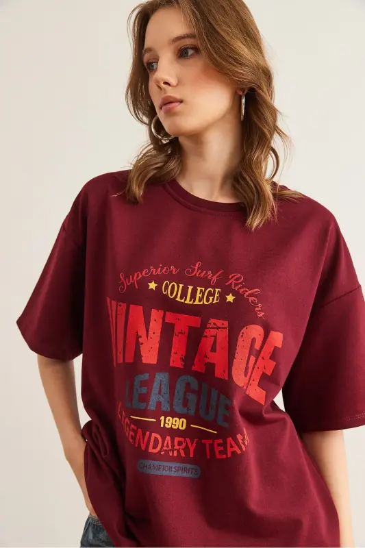 Women's Burgundy Vintage Printed 2 Rope Comfort Fit T-shirt - 5