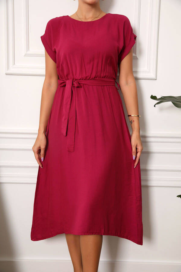 Women's Burgundy Waist Elastic Tie Dress ARM-19Y001060 - 1