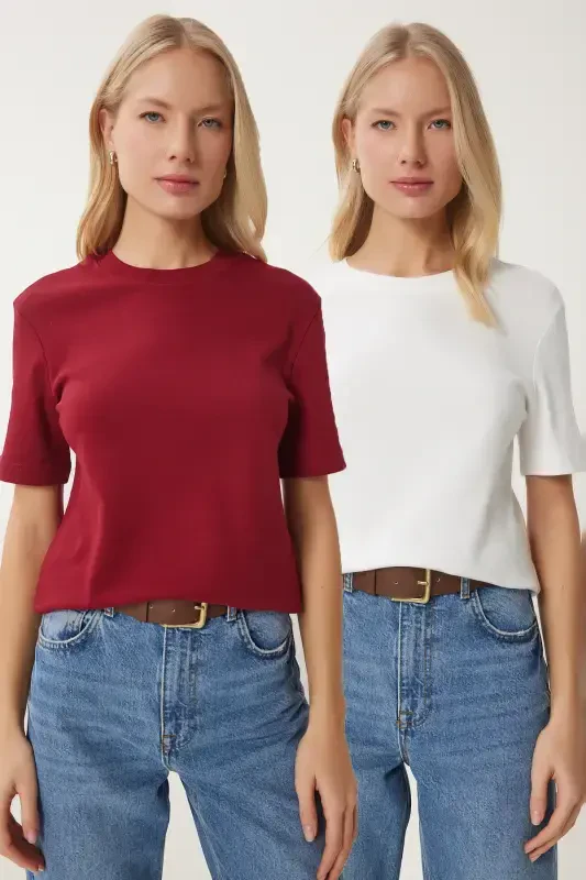 Women's Burgundy White 2-Piece Pack Cotton Basic Knitted T-Shirt AG00002-Burgundy White - HAPPINESS İSTANBUL