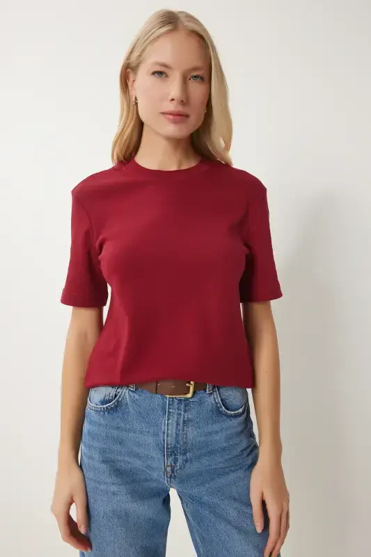 Women's Burgundy White 2-Piece Pack Cotton Basic Knitted T-Shirt AG00002-Burgundy White - 2