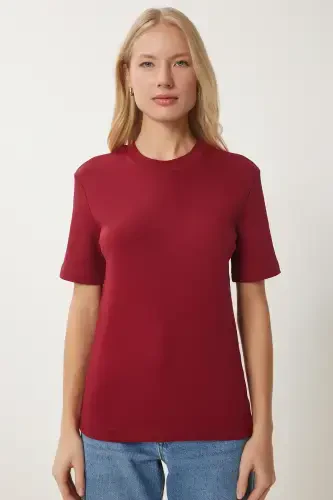 Women's Burgundy White 2-Piece Pack Cotton Basic Knitted T-Shirt AG00002-Burgundy White - 3